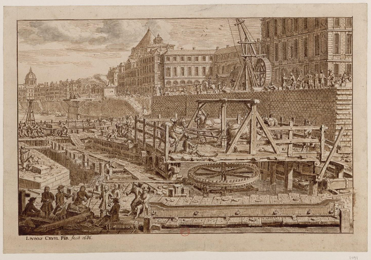 Livinus Cruyl PBR fecit 1686, [Construction du pont Royal], dessin, BnF, © Gallica